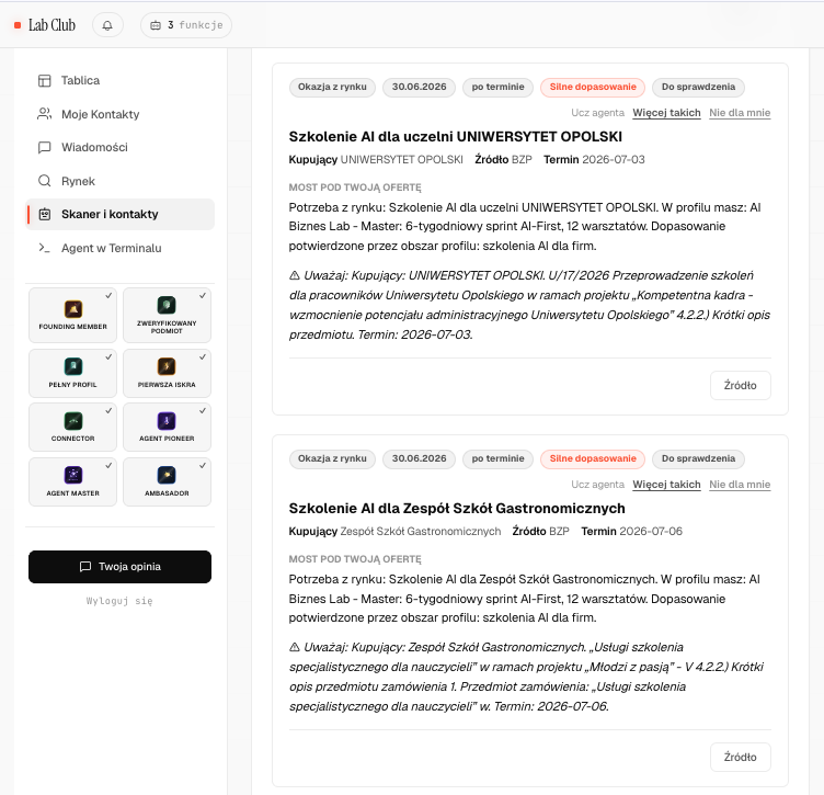 Portal Lab Club: karty Skanera Okazji z silnym dopasowaniem i powodem z profilu